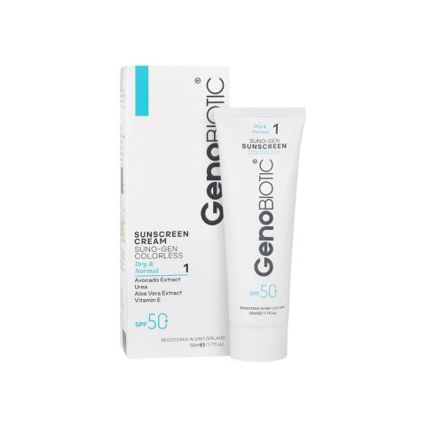 کرم ضد آفتاب بی رنگ ژنوبایوتیک مدل سانوژن مناسب برای پوست خشک و معمولی با SPF50