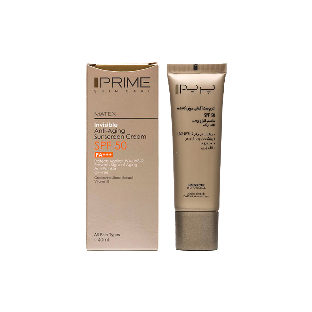 کرم ضد آفتاب جوان کننده بی رنگ پریم مدل متکس مناسب برای انواع پوست با SPF50